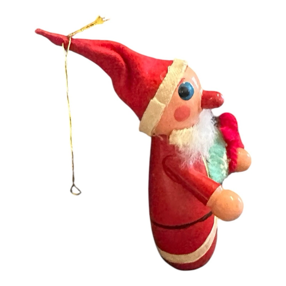 VTG Wooden Santa Christmas Ornament 3" Red Nose Gift Sack Retro Holiday Decor